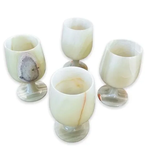 Set of 4 Vintage Green Opal Marble Wine Glasses Goblets - Picture 1 of 15